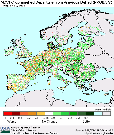 Europe NDVI Crop-masked Departure from Previous Dekad (PROBA-V) Thematic Map For 5/1/2019 - 5/10/2019