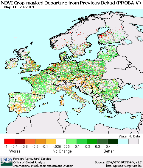 Europe NDVI Crop-masked Departure from Previous Dekad (PROBA-V) Thematic Map For 5/11/2019 - 5/20/2019