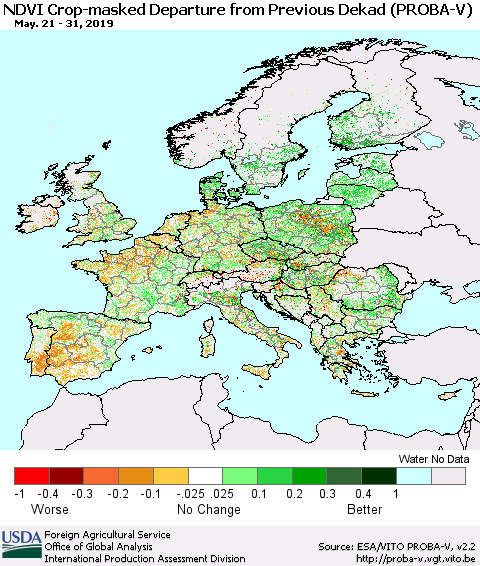 Europe NDVI Crop-masked Departure from Previous Dekad (PROBA-V) Thematic Map For 5/21/2019 - 5/31/2019