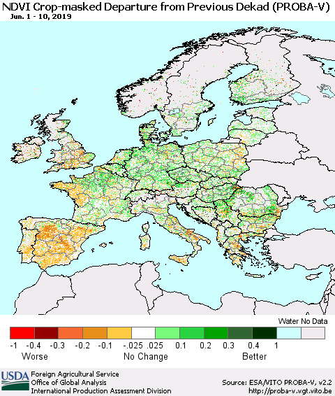 Europe NDVI Crop-masked Departure from Previous Dekad (PROBA-V) Thematic Map For 6/1/2019 - 6/10/2019