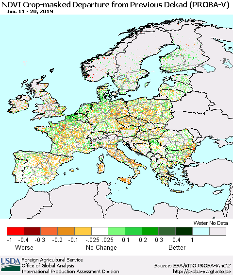 Europe NDVI Crop-masked Departure from Previous Dekad (PROBA-V) Thematic Map For 6/11/2019 - 6/20/2019