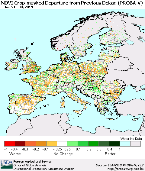 Europe NDVI Crop-masked Departure from Previous Dekad (PROBA-V) Thematic Map For 6/21/2019 - 6/30/2019