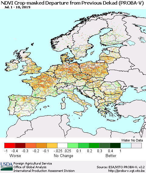 Europe NDVI Crop-masked Departure from Previous Dekad (PROBA-V) Thematic Map For 7/1/2019 - 7/10/2019