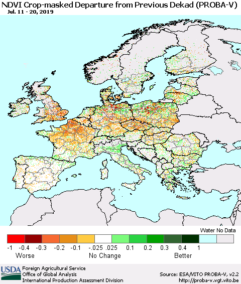 Europe NDVI Crop-masked Departure from Previous Dekad (PROBA-V) Thematic Map For 7/11/2019 - 7/20/2019