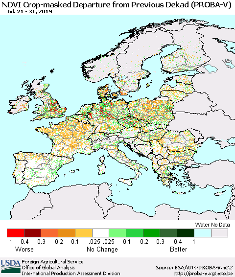 Europe NDVI Crop-masked Departure from Previous Dekad (PROBA-V) Thematic Map For 7/21/2019 - 7/31/2019