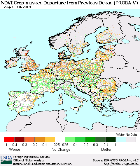 Europe NDVI Crop-masked Departure from Previous Dekad (PROBA-V) Thematic Map For 8/1/2019 - 8/10/2019
