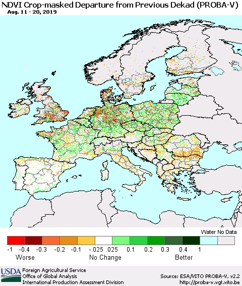 Europe NDVI Crop-masked Departure from Previous Dekad (PROBA-V) Thematic Map For 8/11/2019 - 8/20/2019