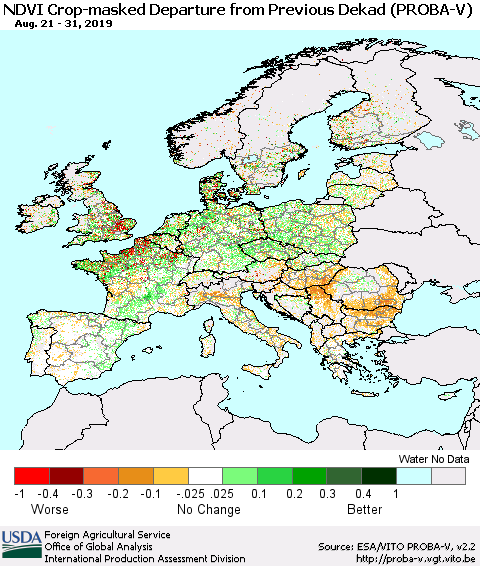 Europe NDVI Crop-masked Departure from Previous Dekad (PROBA-V) Thematic Map For 8/21/2019 - 8/31/2019