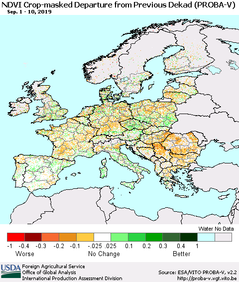 Europe NDVI Crop-masked Departure from Previous Dekad (PROBA-V) Thematic Map For 9/1/2019 - 9/10/2019