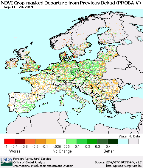 Europe NDVI Crop-masked Departure from Previous Dekad (PROBA-V) Thematic Map For 9/11/2019 - 9/20/2019