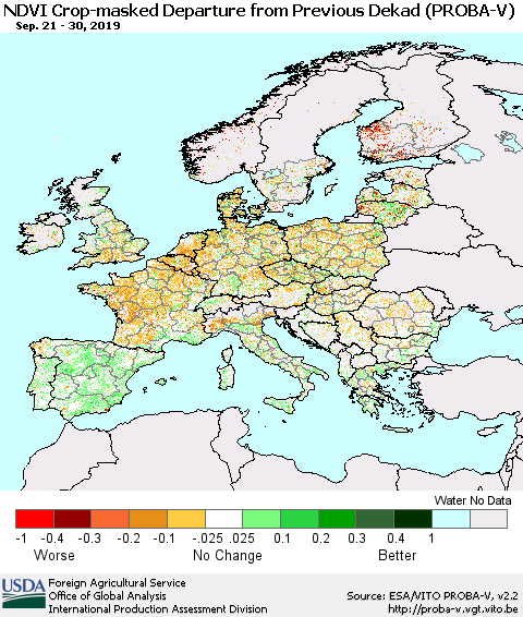 Europe NDVI Crop-masked Departure from Previous Dekad (PROBA-V) Thematic Map For 9/21/2019 - 9/30/2019