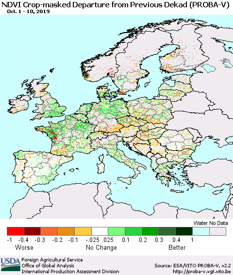 Europe NDVI Crop-masked Departure from Previous Dekad (PROBA-V) Thematic Map For 10/1/2019 - 10/10/2019