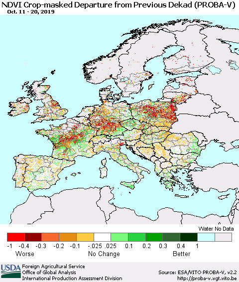 Europe NDVI Crop-masked Departure from Previous Dekad (PROBA-V) Thematic Map For 10/11/2019 - 10/20/2019