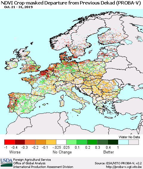 Europe NDVI Crop-masked Departure from Previous Dekad (PROBA-V) Thematic Map For 10/21/2019 - 10/31/2019