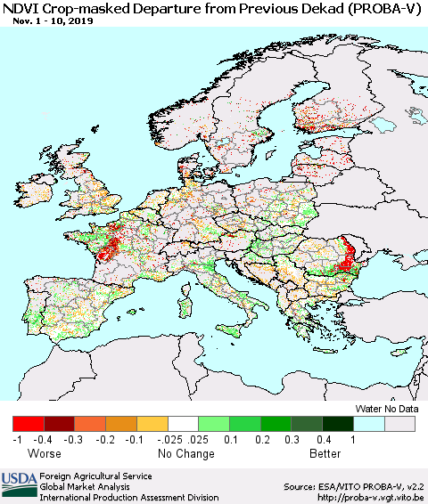 Europe NDVI Crop-masked Departure from Previous Dekad (PROBA-V) Thematic Map For 11/1/2019 - 11/10/2019