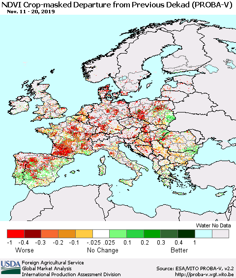 Europe NDVI Crop-masked Departure from Previous Dekad (PROBA-V) Thematic Map For 11/11/2019 - 11/20/2019