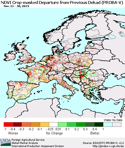 Europe NDVI Crop-masked Departure from Previous Dekad (PROBA-V) Thematic Map For 11/21/2019 - 11/30/2019
