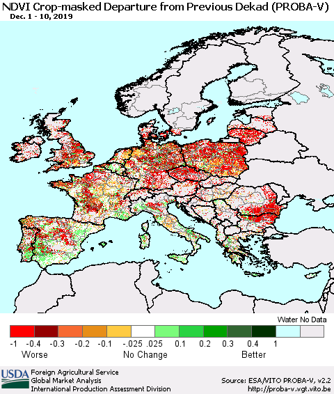 Europe NDVI Crop-masked Departure from Previous Dekad (PROBA-V) Thematic Map For 12/1/2019 - 12/10/2019