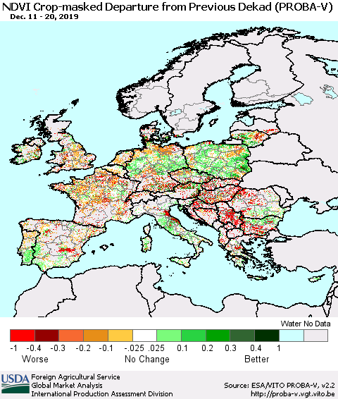 Europe NDVI Crop-masked Departure from Previous Dekad (PROBA-V) Thematic Map For 12/11/2019 - 12/20/2019