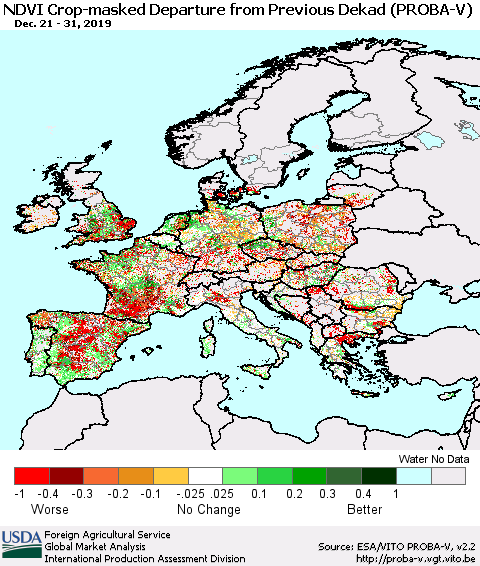 Europe NDVI Crop-masked Departure from Previous Dekad (PROBA-V) Thematic Map For 12/21/2019 - 12/31/2019