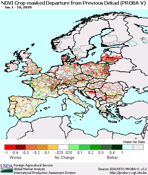 Europe NDVI Crop-masked Departure from Previous Dekad (PROBA-V) Thematic Map For 1/1/2020 - 1/10/2020
