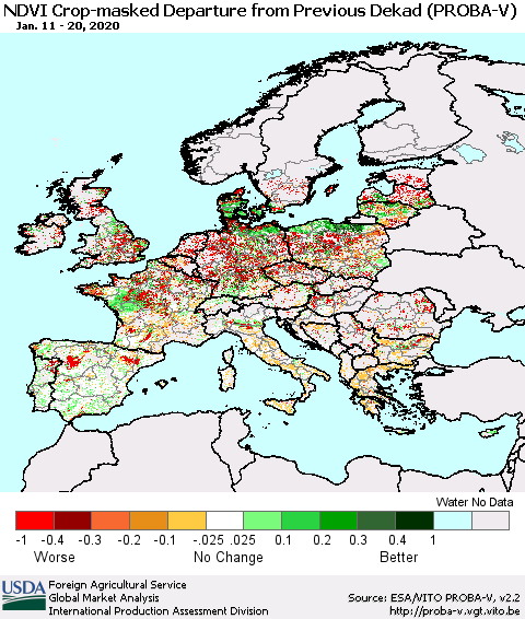 Europe NDVI Crop-masked Departure from Previous Dekad (PROBA-V) Thematic Map For 1/11/2020 - 1/20/2020