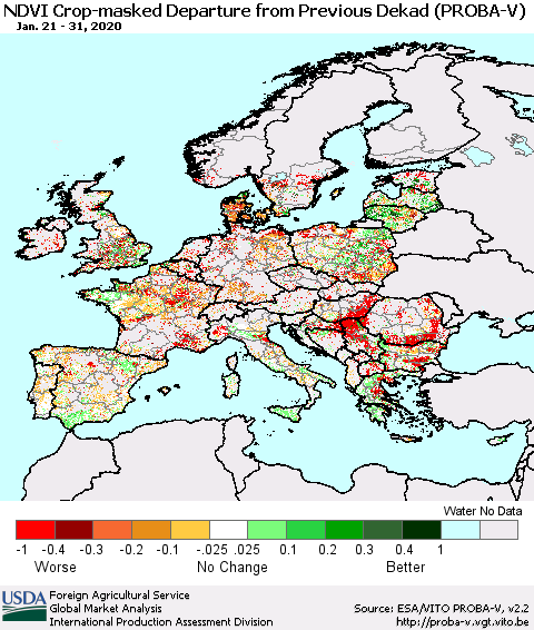 Europe NDVI Crop-masked Departure from Previous Dekad (PROBA-V) Thematic Map For 1/21/2020 - 1/31/2020