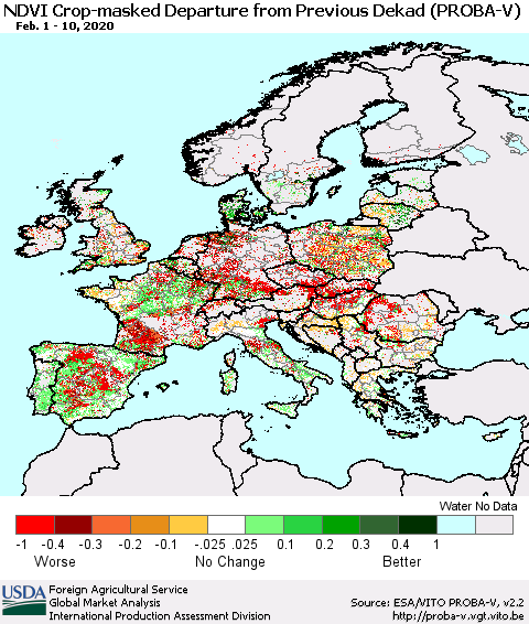 Europe NDVI Crop-masked Departure from Previous Dekad (PROBA-V) Thematic Map For 2/1/2020 - 2/10/2020