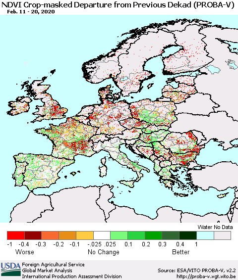 Europe NDVI Crop-masked Departure from Previous Dekad (PROBA-V) Thematic Map For 2/11/2020 - 2/20/2020