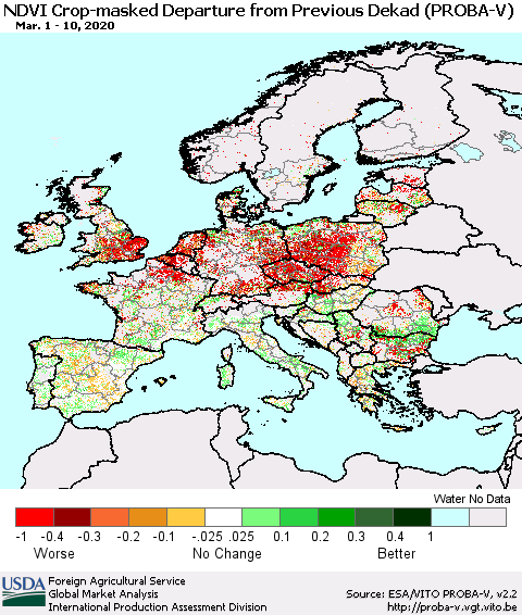 Europe NDVI Crop-masked Departure from Previous Dekad (PROBA-V) Thematic Map For 3/1/2020 - 3/10/2020