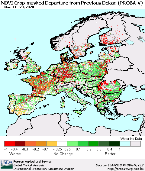 Europe NDVI Crop-masked Departure from Previous Dekad (PROBA-V) Thematic Map For 3/11/2020 - 3/20/2020