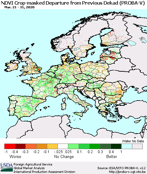 Europe NDVI Crop-masked Departure from Previous Dekad (PROBA-V) Thematic Map For 3/21/2020 - 3/31/2020