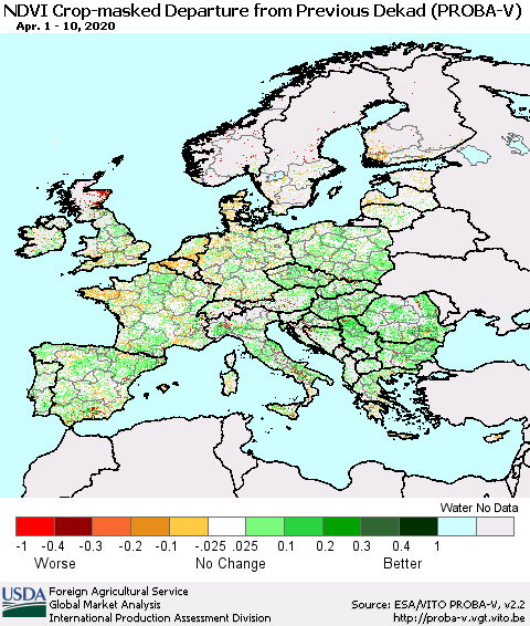 Europe NDVI Crop-masked Departure from Previous Dekad (PROBA-V) Thematic Map For 4/1/2020 - 4/10/2020