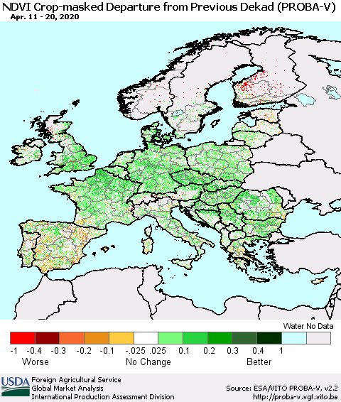 Europe NDVI Crop-masked Departure from Previous Dekad (PROBA-V) Thematic Map For 4/11/2020 - 4/20/2020