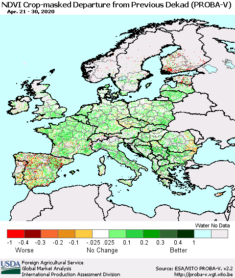 Europe NDVI Crop-masked Departure from Previous Dekad (PROBA-V) Thematic Map For 4/21/2020 - 4/30/2020