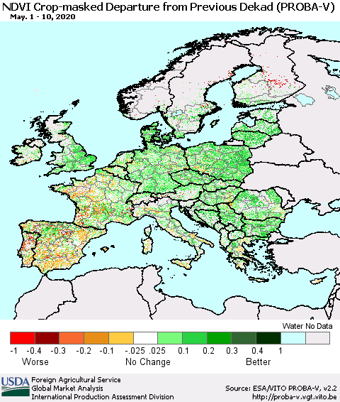 Europe NDVI Crop-masked Departure from Previous Dekad (PROBA-V) Thematic Map For 5/1/2020 - 5/10/2020