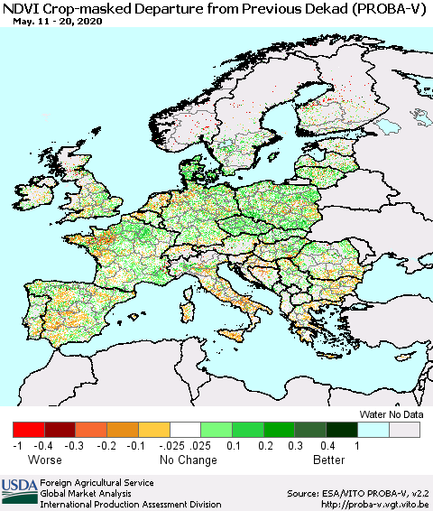 Europe NDVI Crop-masked Departure from Previous Dekad (PROBA-V) Thematic Map For 5/11/2020 - 5/20/2020