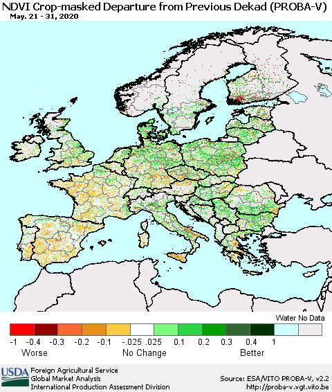 Europe NDVI Crop-masked Departure from Previous Dekad (PROBA-V) Thematic Map For 5/21/2020 - 5/31/2020