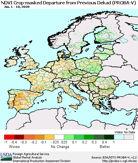 Europe NDVI Crop-masked Departure from Previous Dekad (PROBA-V) Thematic Map For 6/1/2020 - 6/10/2020