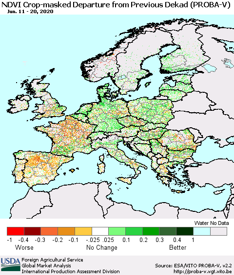 Europe NDVI Crop-masked Departure from Previous Dekad (PROBA-V) Thematic Map For 6/11/2020 - 6/20/2020