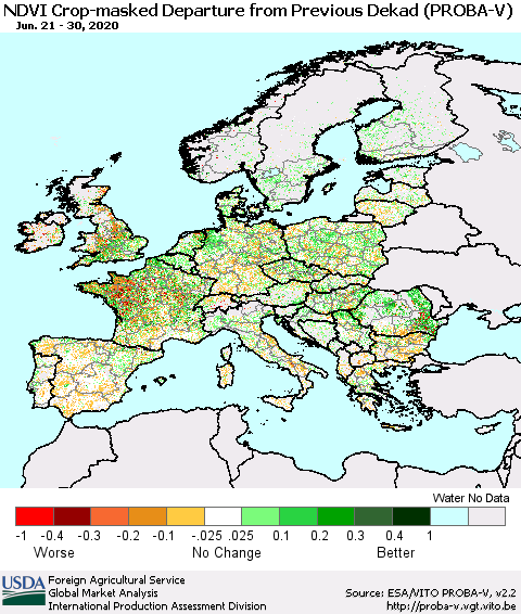 Europe NDVI Crop-masked Departure from Previous Dekad (PROBA-V) Thematic Map For 6/21/2020 - 6/30/2020