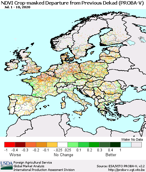 Europe NDVI Crop-masked Departure from Previous Dekad (PROBA-V) Thematic Map For 7/1/2020 - 7/10/2020