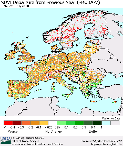 Europe NDVI Departure from Previous Year (PROBA-V) Thematic Map For 3/21/2018 - 3/31/2018