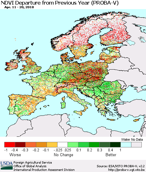 Europe NDVI Departure from Previous Year (PROBA-V) Thematic Map For 4/11/2018 - 4/20/2018