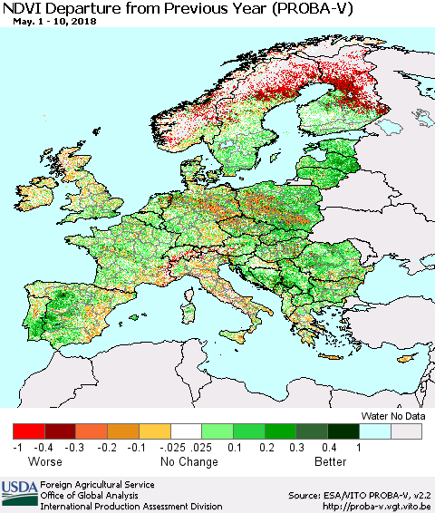 Europe NDVI Departure from Previous Year (PROBA-V) Thematic Map For 5/1/2018 - 5/10/2018