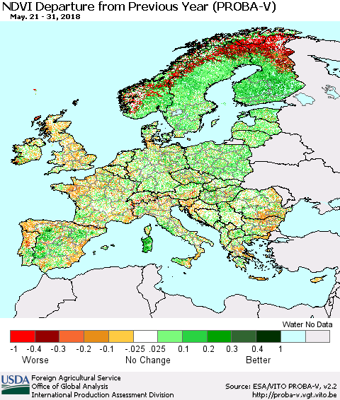 Europe NDVI Departure from Previous Year (PROBA-V) Thematic Map For 5/21/2018 - 5/31/2018