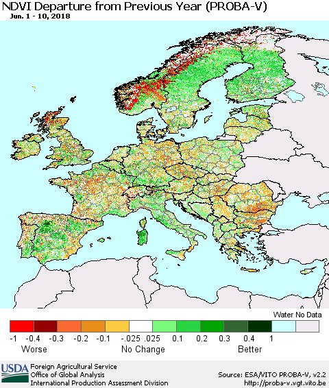 Europe NDVI Departure from Previous Year (PROBA-V) Thematic Map For 6/1/2018 - 6/10/2018
