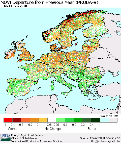 Europe NDVI Departure from Previous Year (PROBA-V) Thematic Map For 7/11/2018 - 7/20/2018