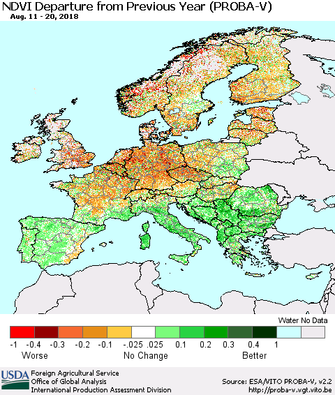 Europe NDVI Departure from Previous Year (PROBA-V) Thematic Map For 8/11/2018 - 8/20/2018