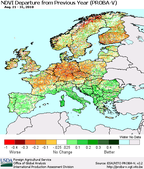 Europe NDVI Departure from Previous Year (PROBA-V) Thematic Map For 8/21/2018 - 8/31/2018
